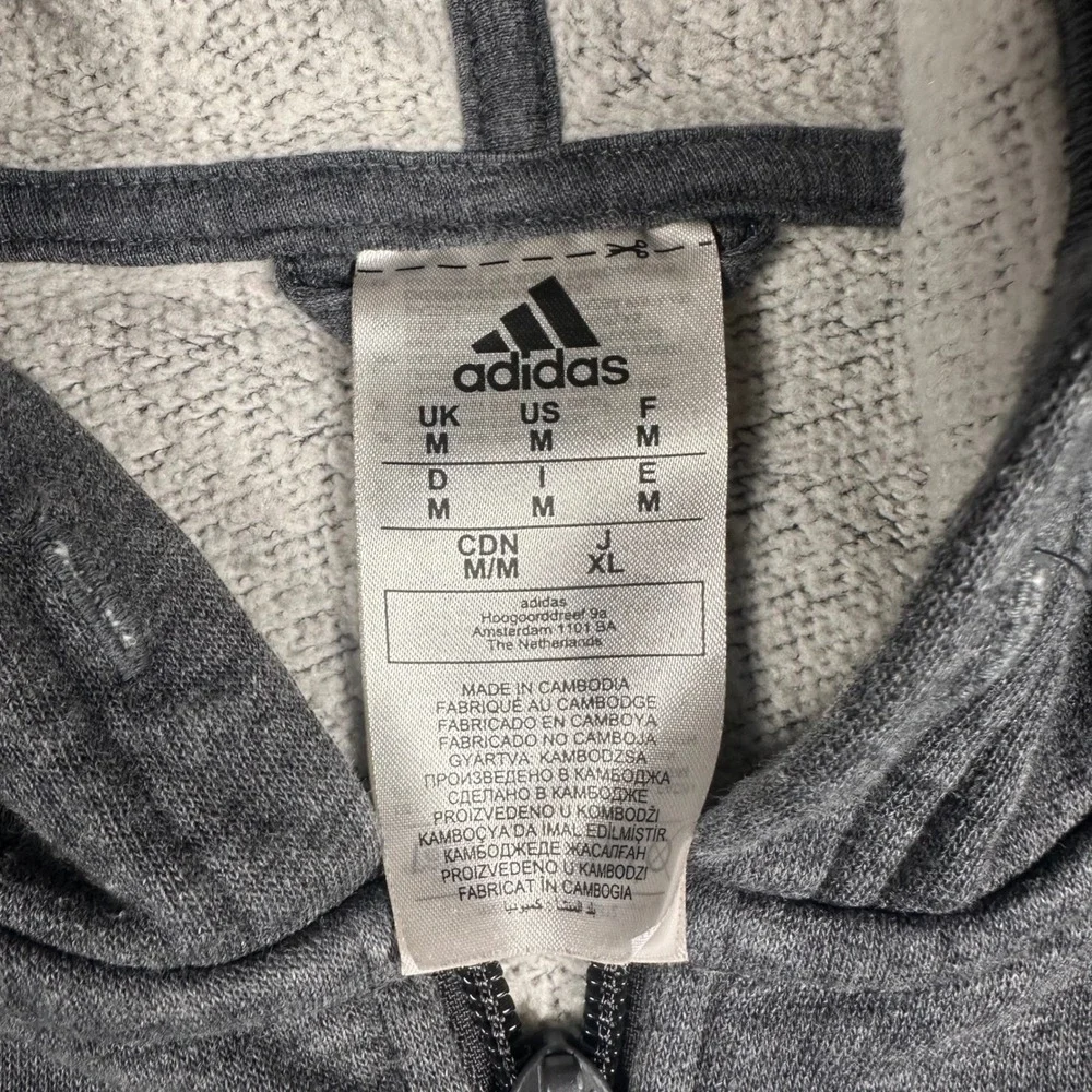 Adidas Mens Full Zip Hoodie Gray White 3-Stripe Active Sweatshirt Size Medium